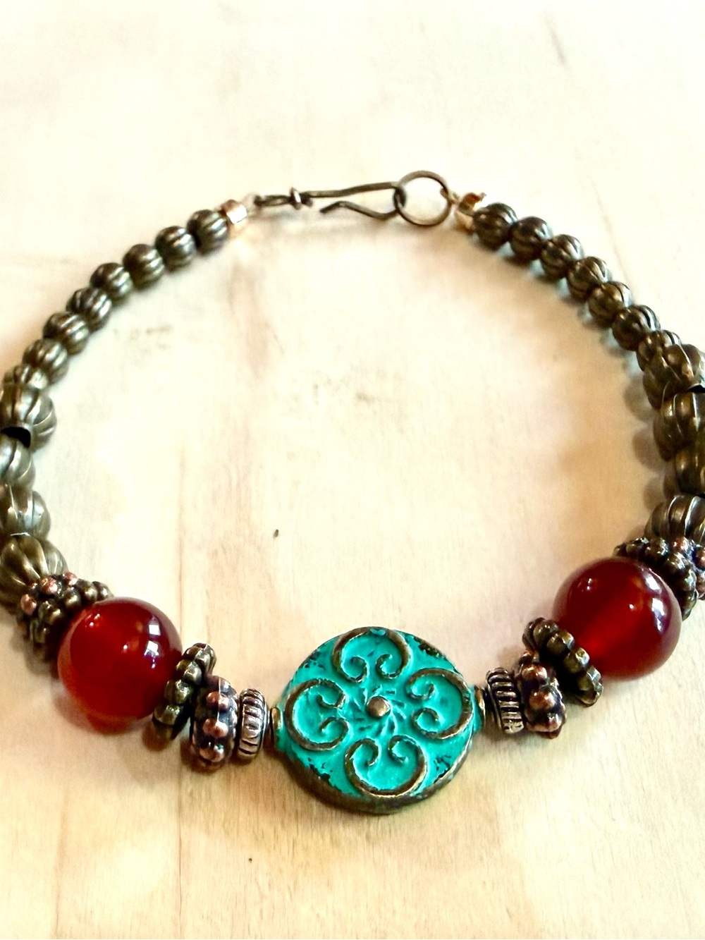 Patina Bronze & Carnelian Bead Artisan Bracelet